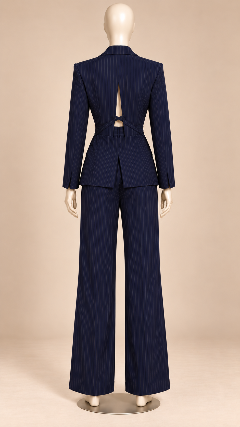 Beatrix Pinstripe Suit Set — Navy blue mannequin back