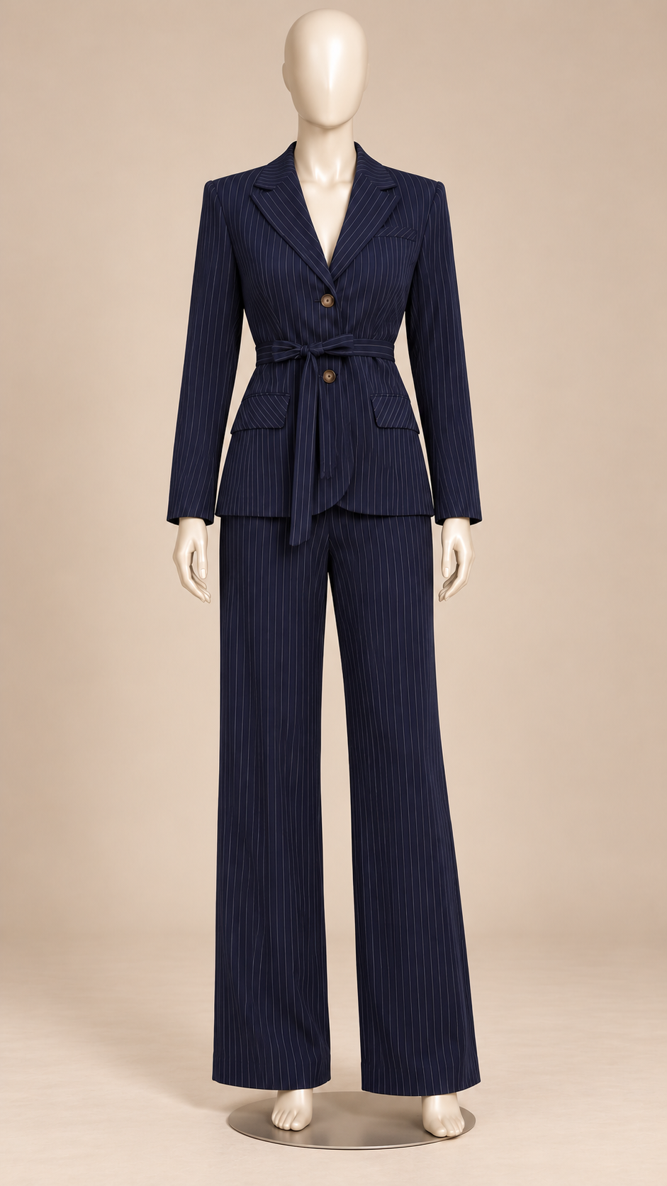 Beatrix Pinstripe Suit Set — Navy blue mannequin front