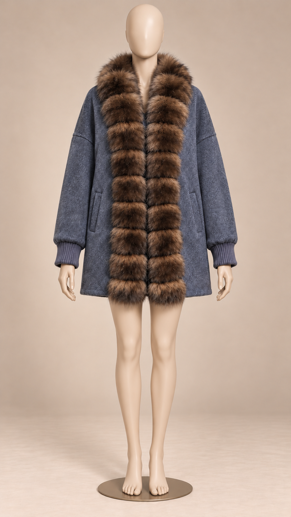 Rhiannon Fur-Placket Coat — Navy blue mannequin front