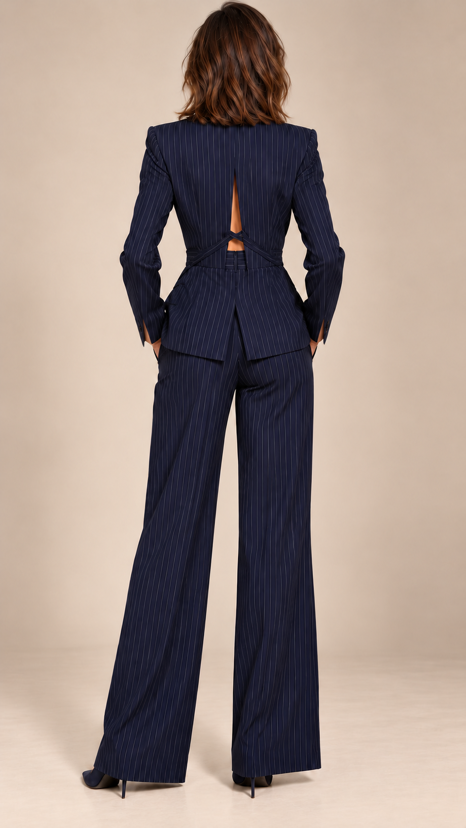 Beatrix Pinstripe Suit Set — Navy blue model back