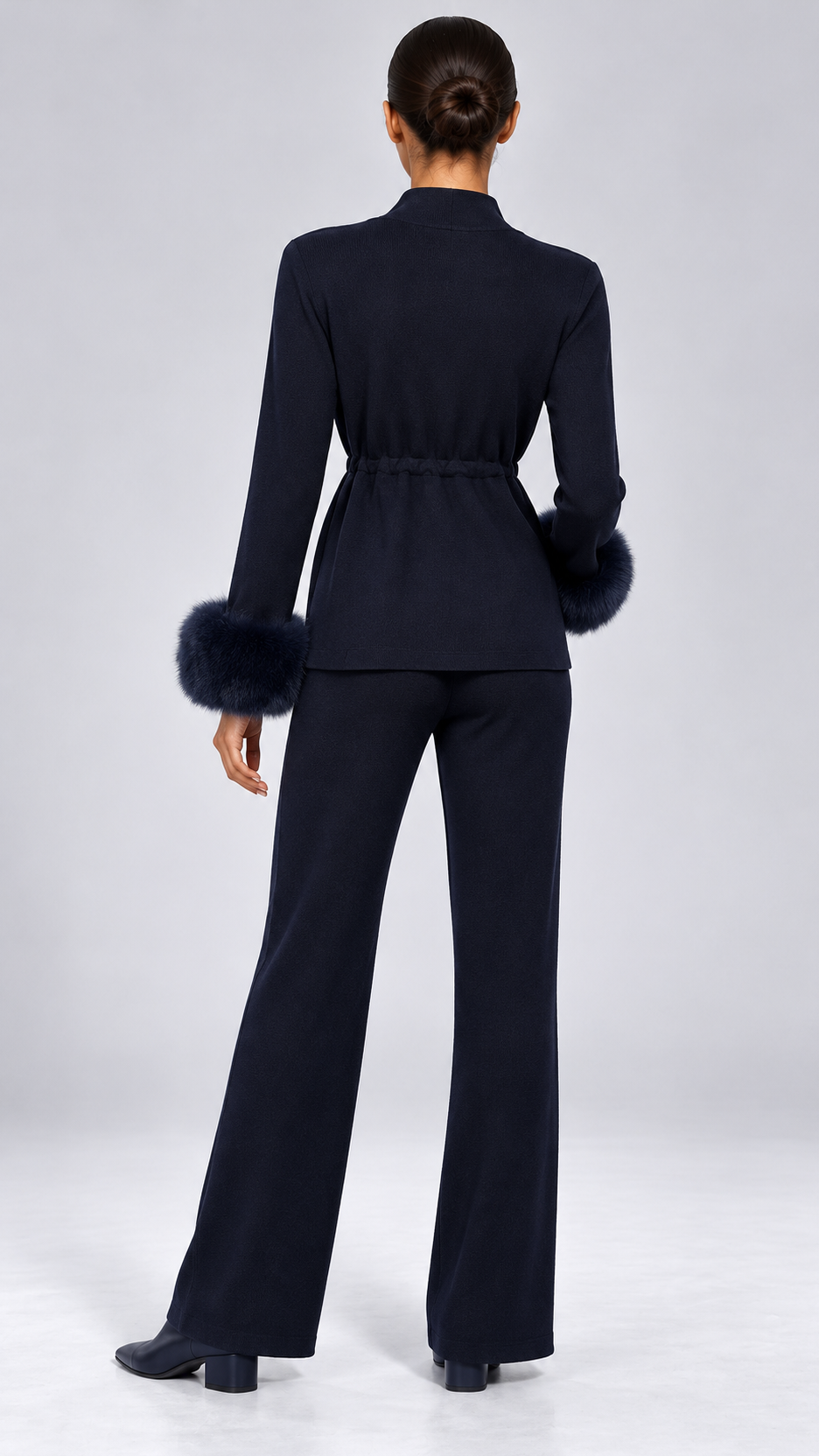 Solveig Tie-Waist Fur Set — Navy blue model back