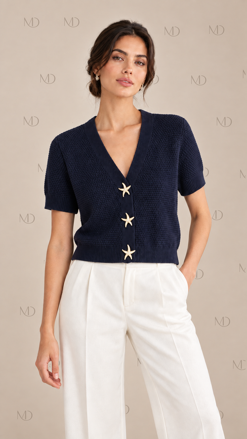Stella Starfish Button Knit Top — Navy blue model front