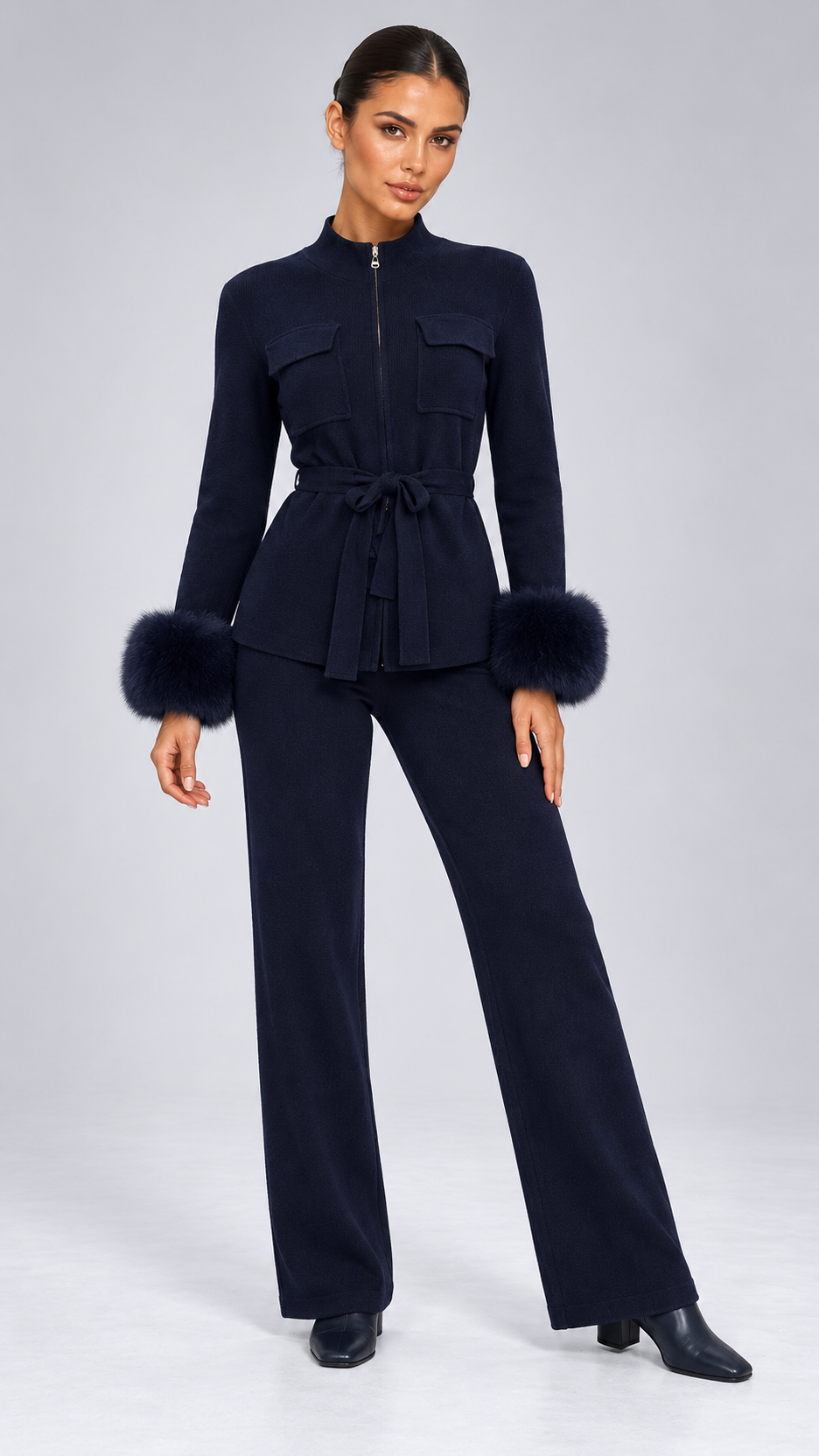 Solveig Tie-Waist Fur Set — Navy blue model front