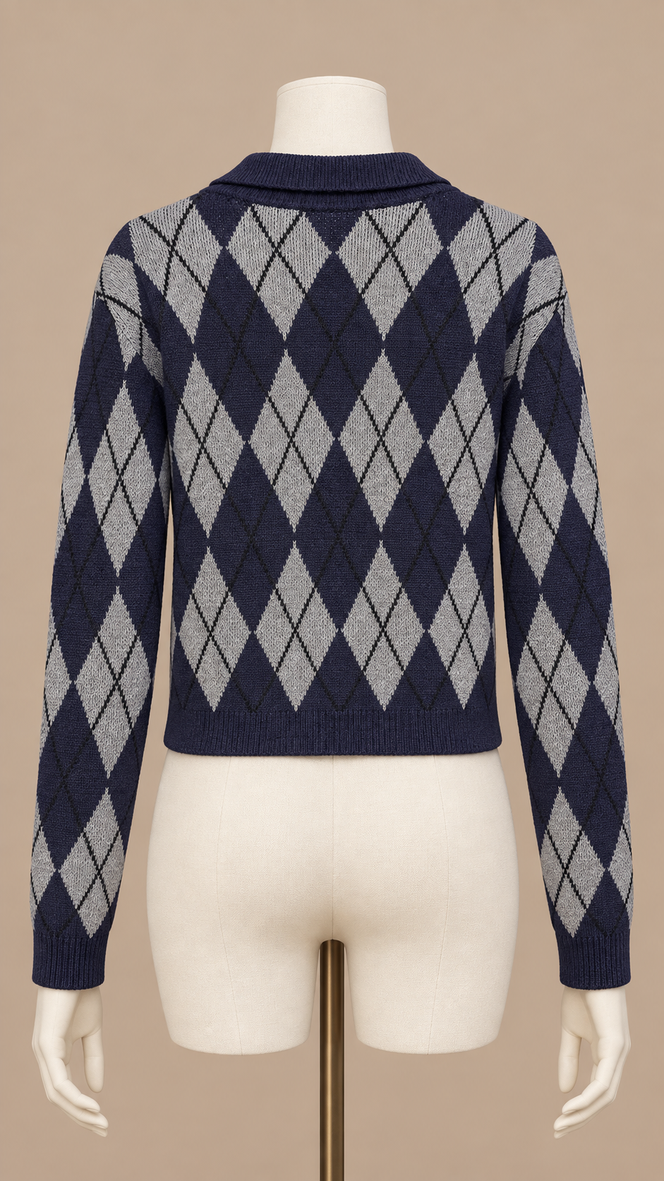Quinn Argyle Knit Cardigan — Navy Gray Argyle mannequin back