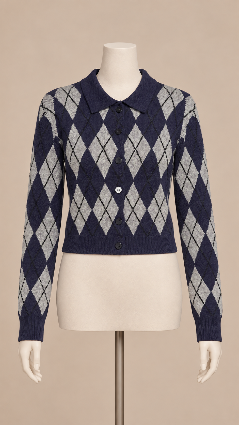 Quinn Argyle Knit Cardigan — Navy Gray Argyle mannequin front