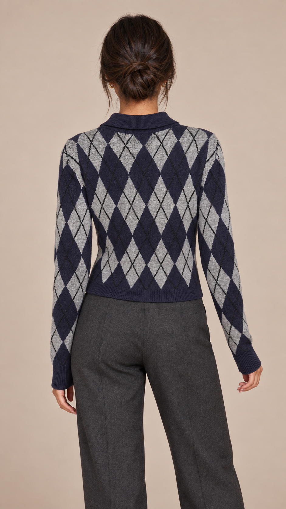 Quinn Argyle Knit Cardigan — Navy Gray Argyle model back