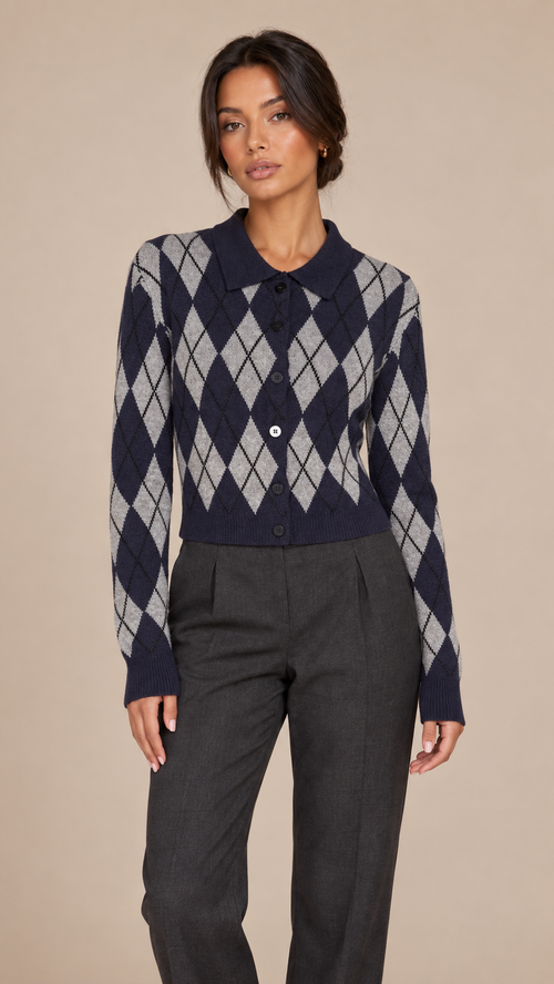 Quinn Argyle Knit Cardigan — Navy Gray Argyle model front