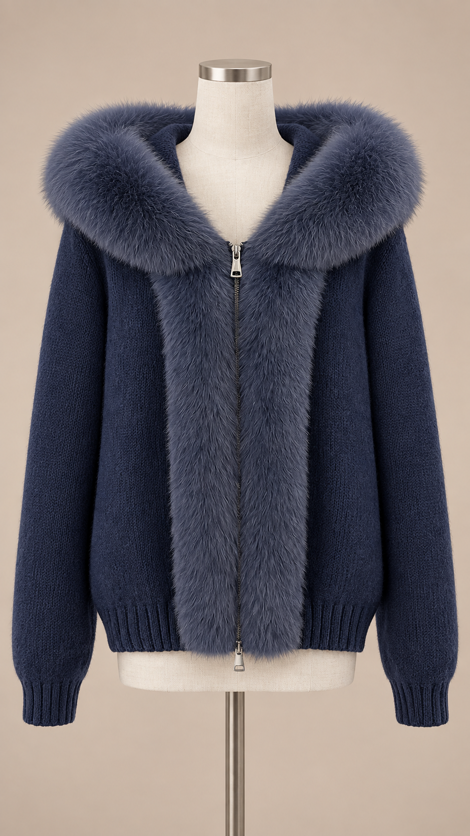 Sable Fox-Collar Cardigan — Navy mannequin front