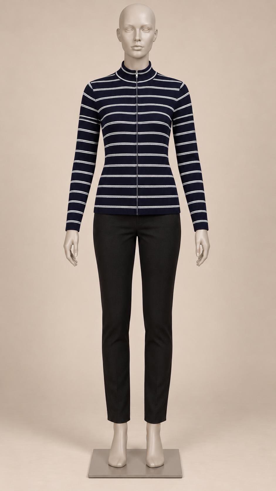 Hermione Striped Zip Knit — Navy mannequin front