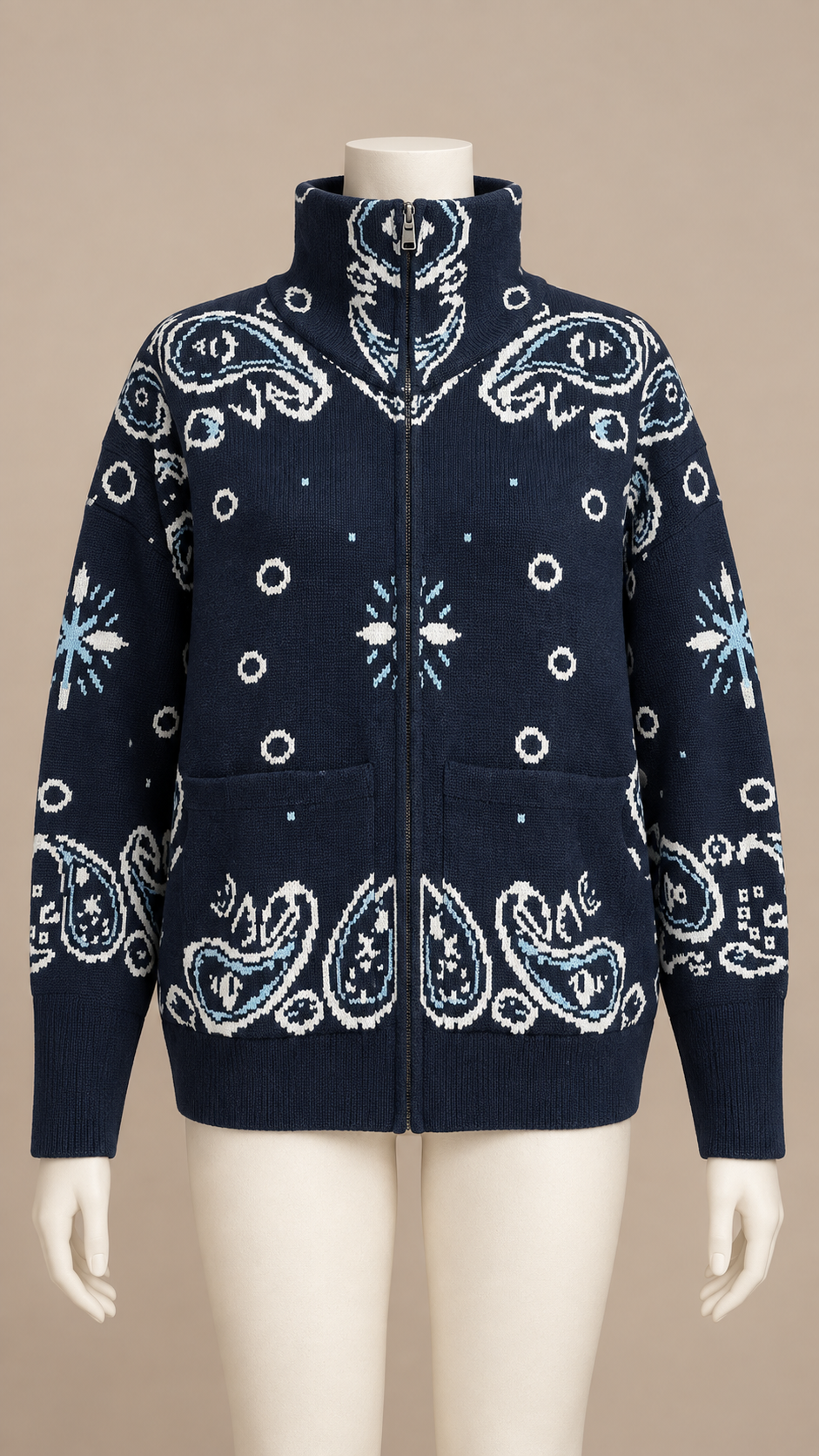 Sienna Paisley Zip Cardigan — Navy mannequin front