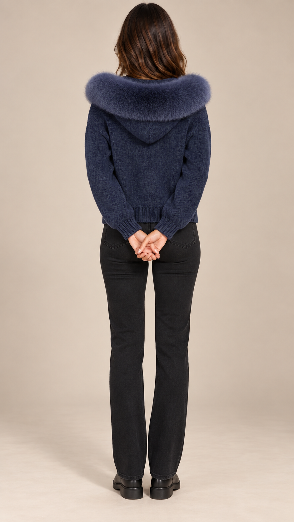 Sable Fox-Collar Cardigan — Navy model back