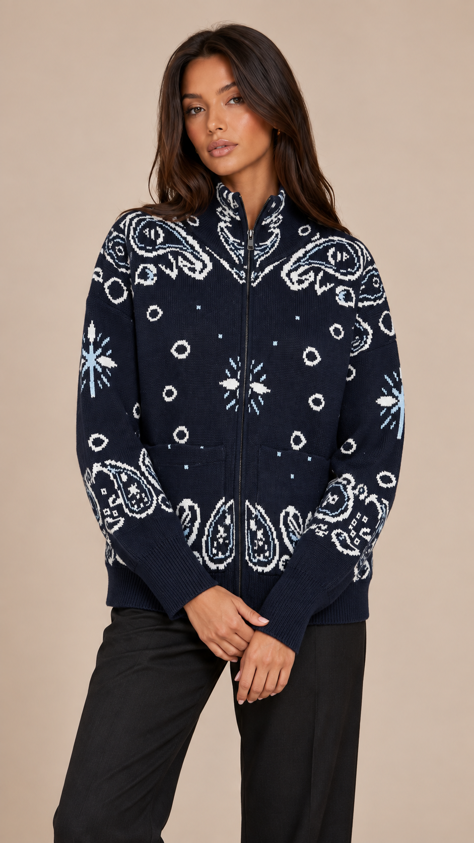Sienna Paisley Zip Cardigan — Navy model front