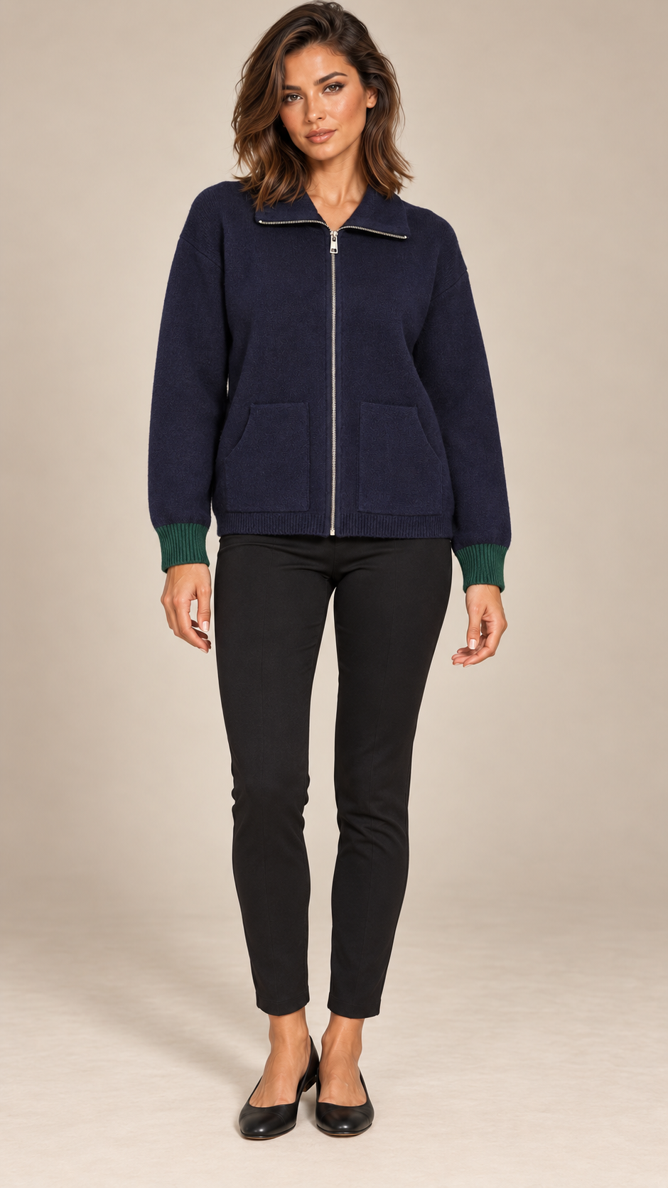 Pernille Varsity Cardigan — Navy model front