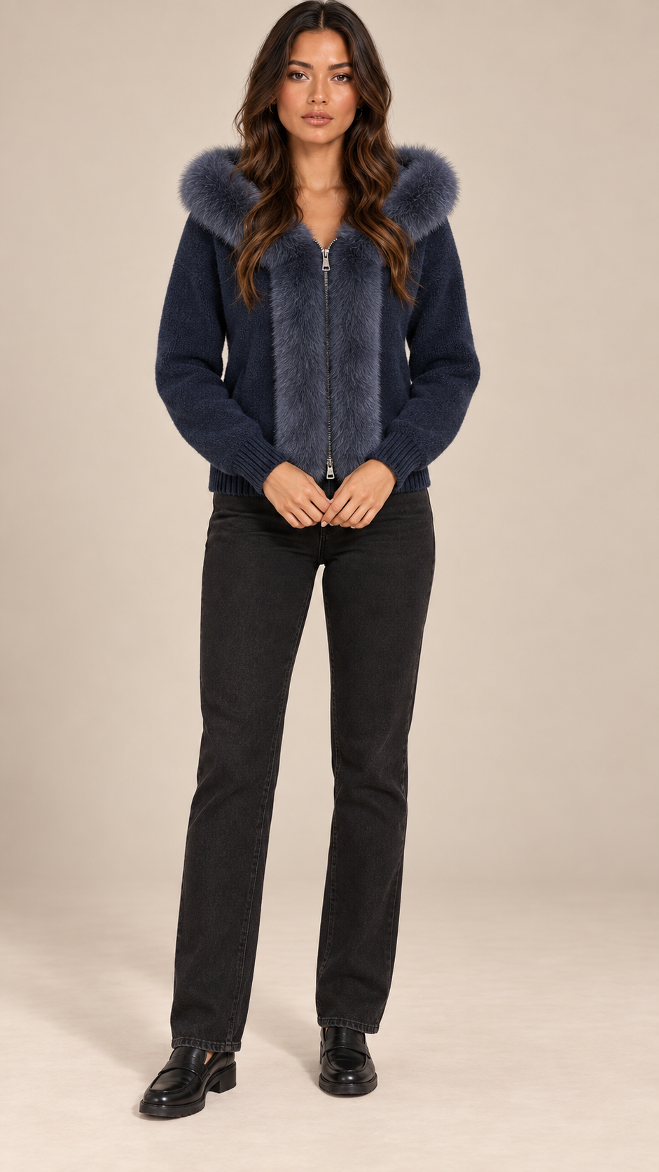 Sable Fox-Collar Cardigan — Navy model front