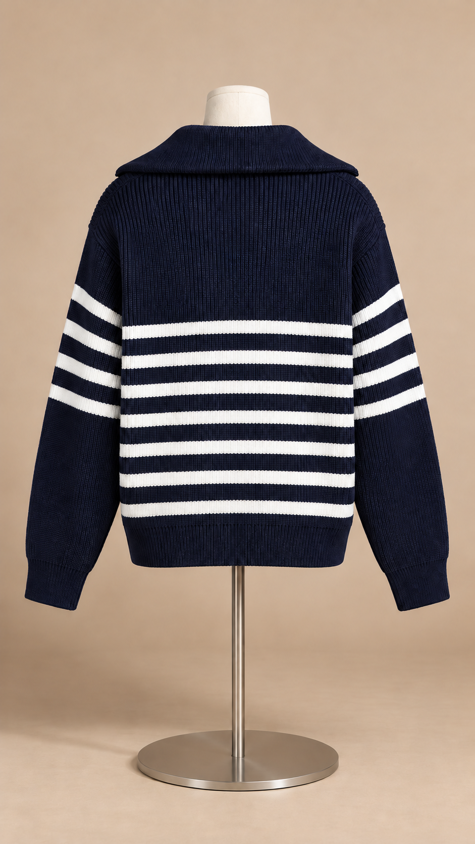 Isadora Half-Zip Sweater — Navy stripes mannequin back