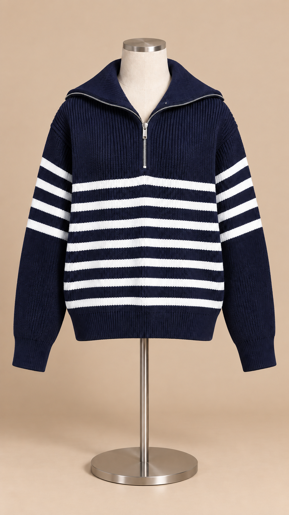 Isadora Half-Zip Sweater — Navy stripes mannequin front