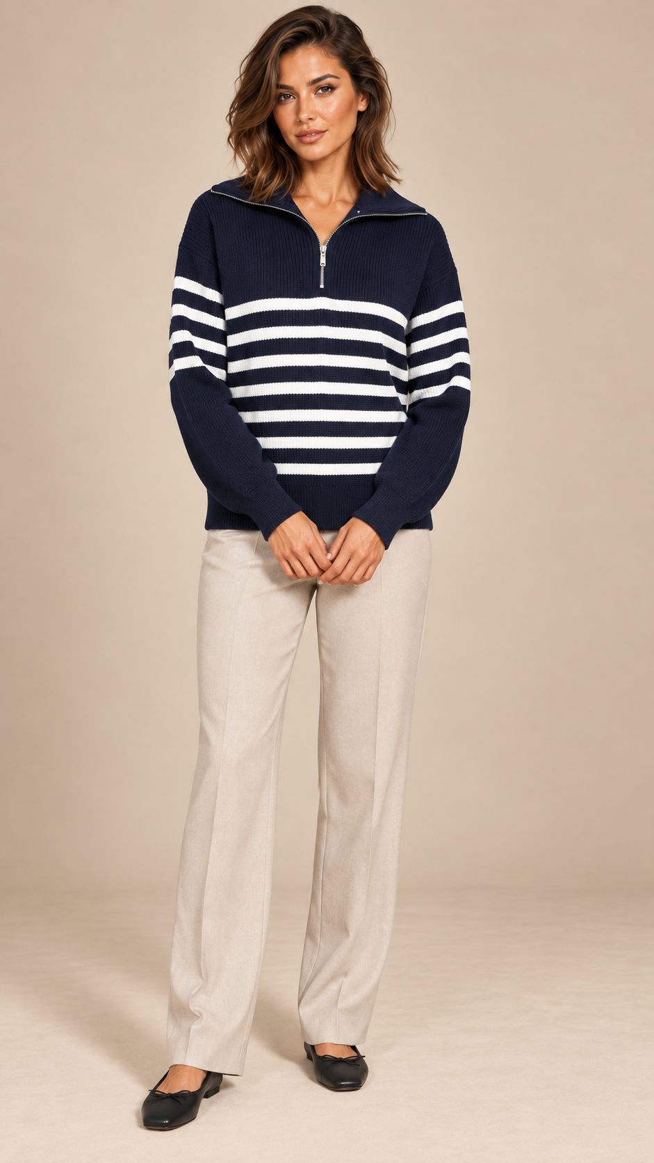 Isadora Half-Zip Sweater — Navy stripes model front