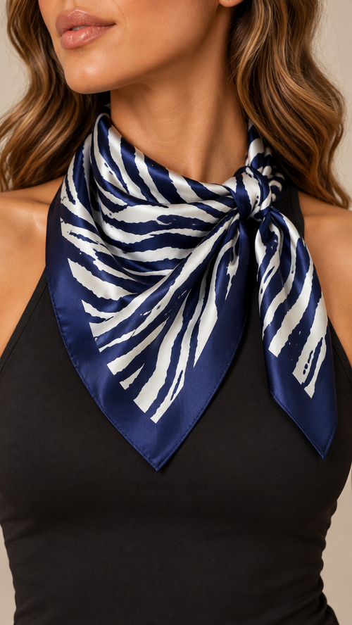 Marcella Zebra Satin Scarf — Navy worn closeup
