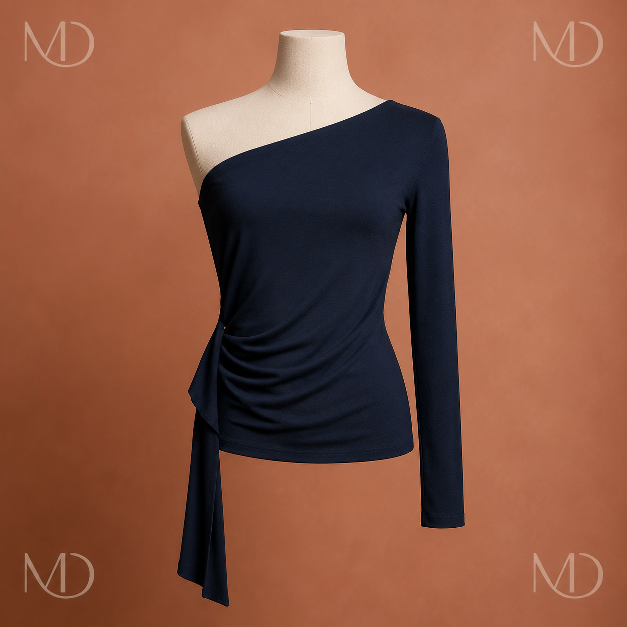 Noor Asymmetric Shoulder Top Navy Blue front