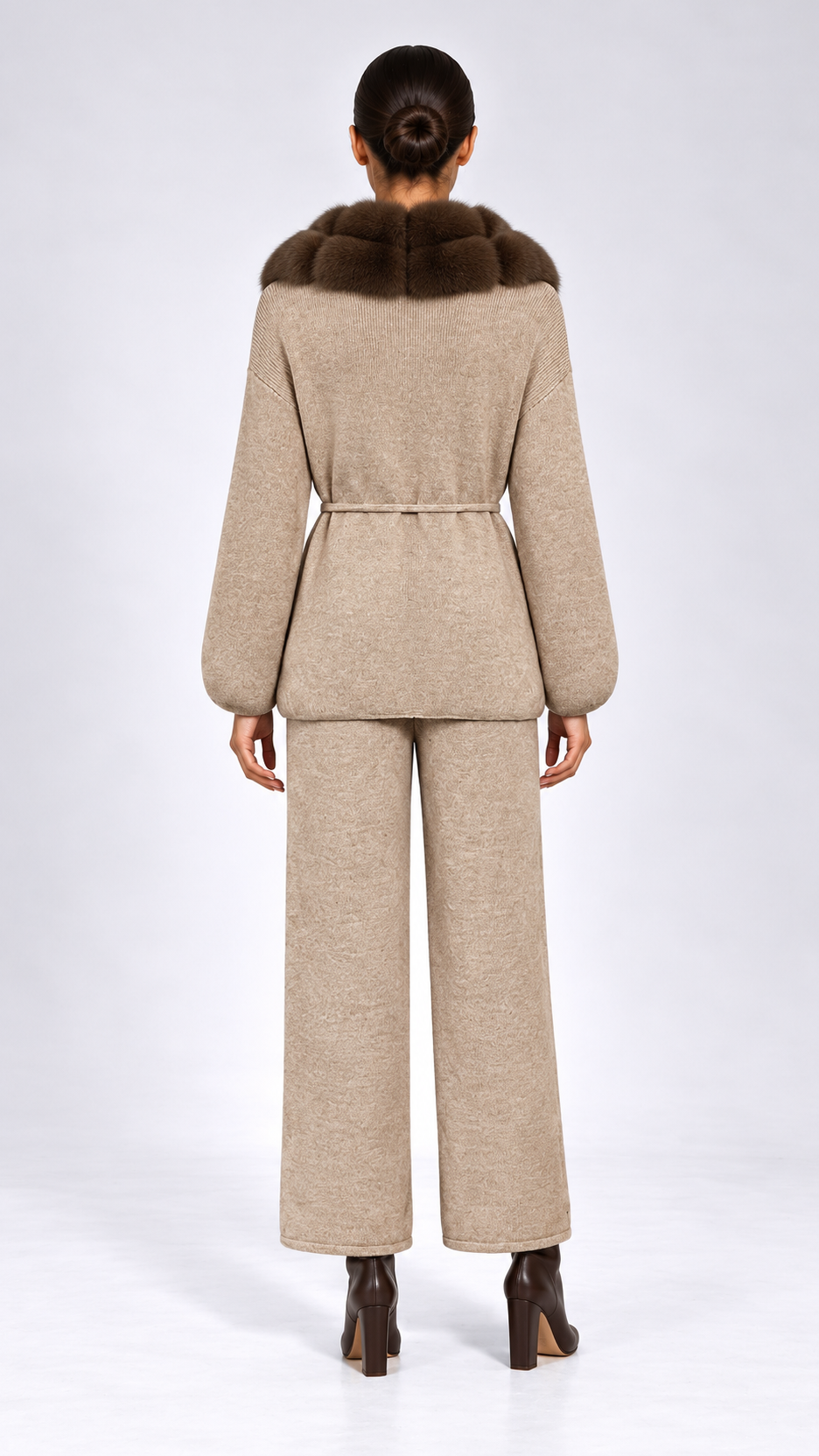 Margit Fox-Collar Knit Set — Oatmeal + Light Coffee model back