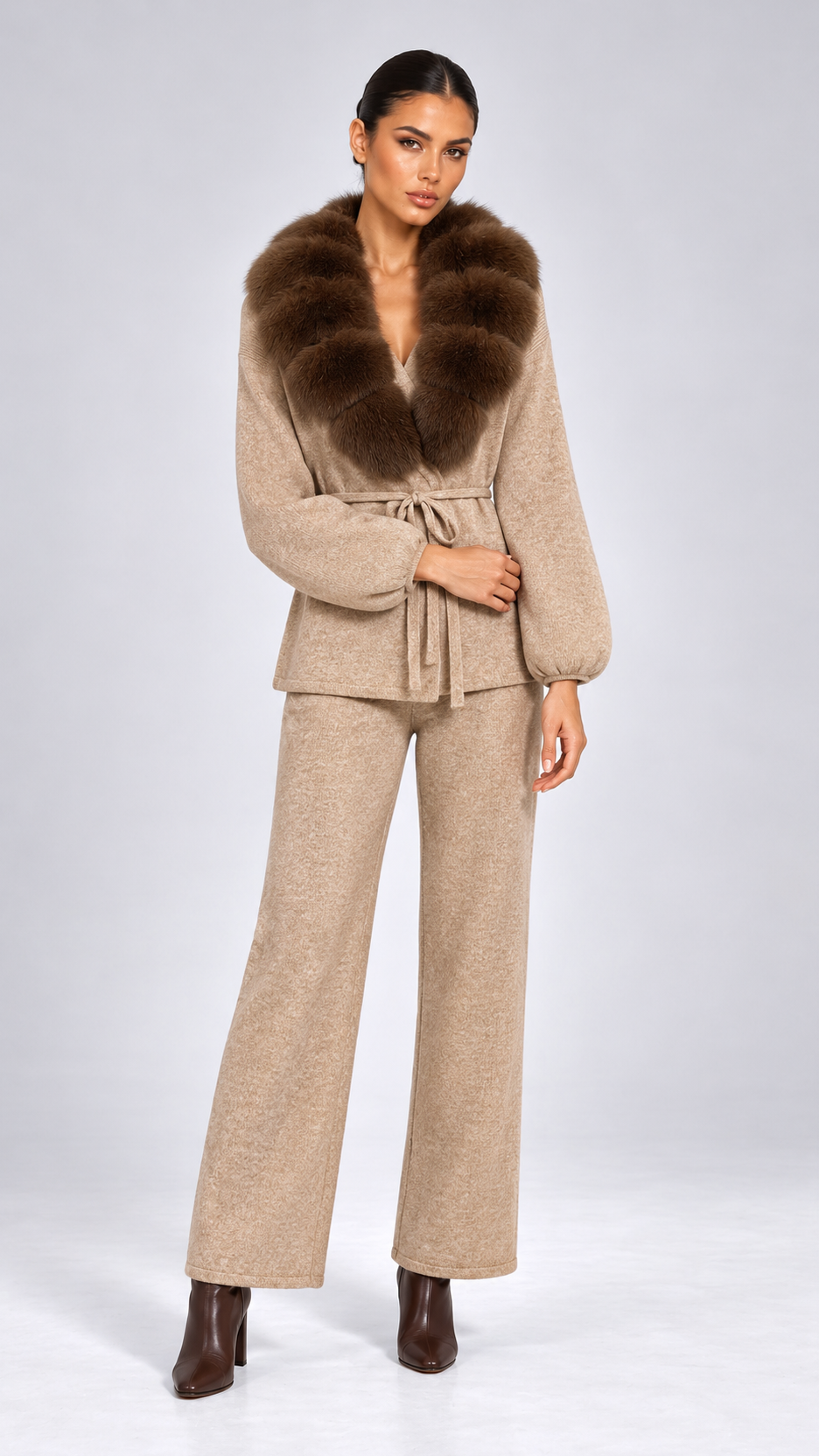 Margit Fox-Collar Knit Set — Oatmeal + Light Coffee model front