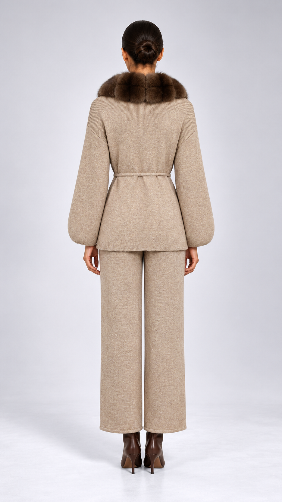 Margit Fox-Collar Knit Set — Oatmeal + Mink model back