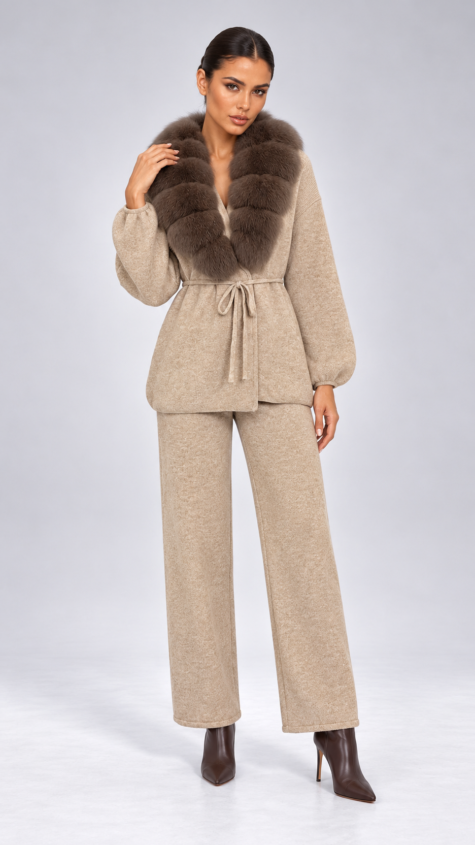 Margit Fox-Collar Knit Set — Oatmeal + Mocha Gray model front
