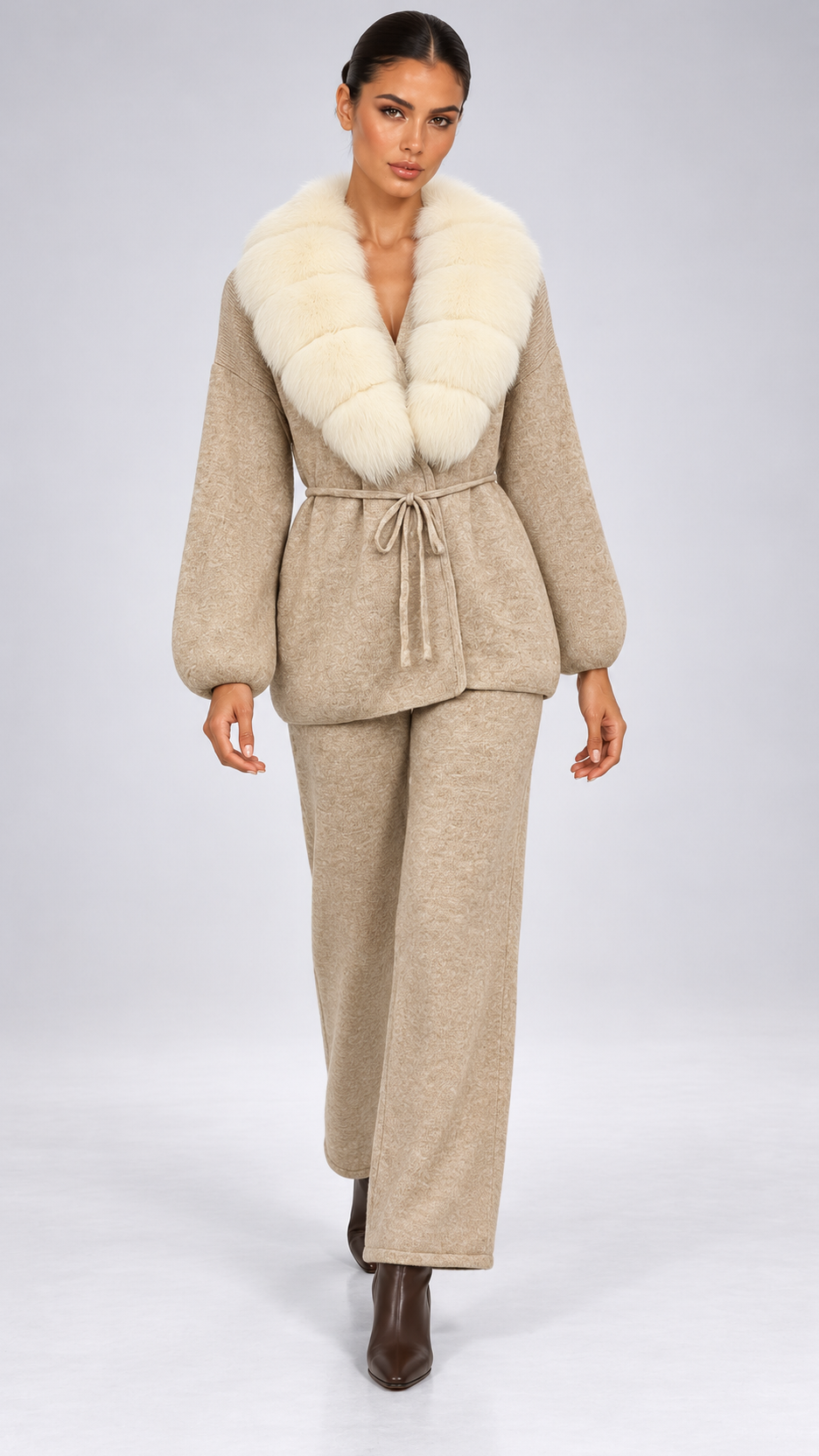 Margit Fox-Collar Knit Set — Oatmeal + Off-White model front