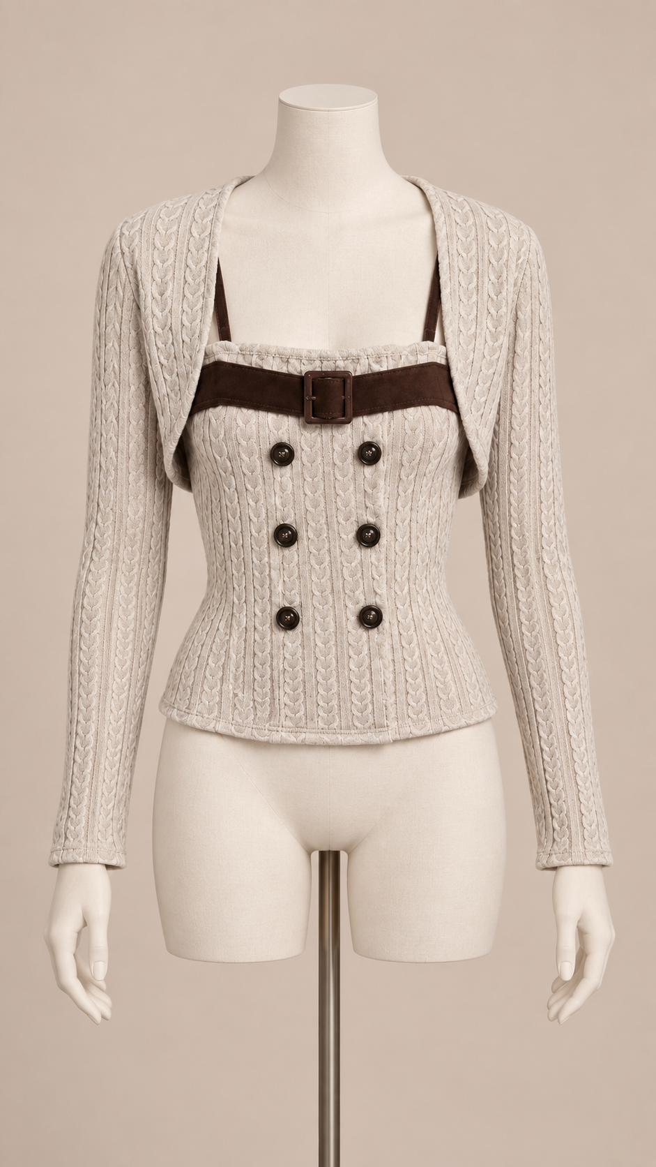 Verity Corset Cardigan Set — Oatmeal mannequin front