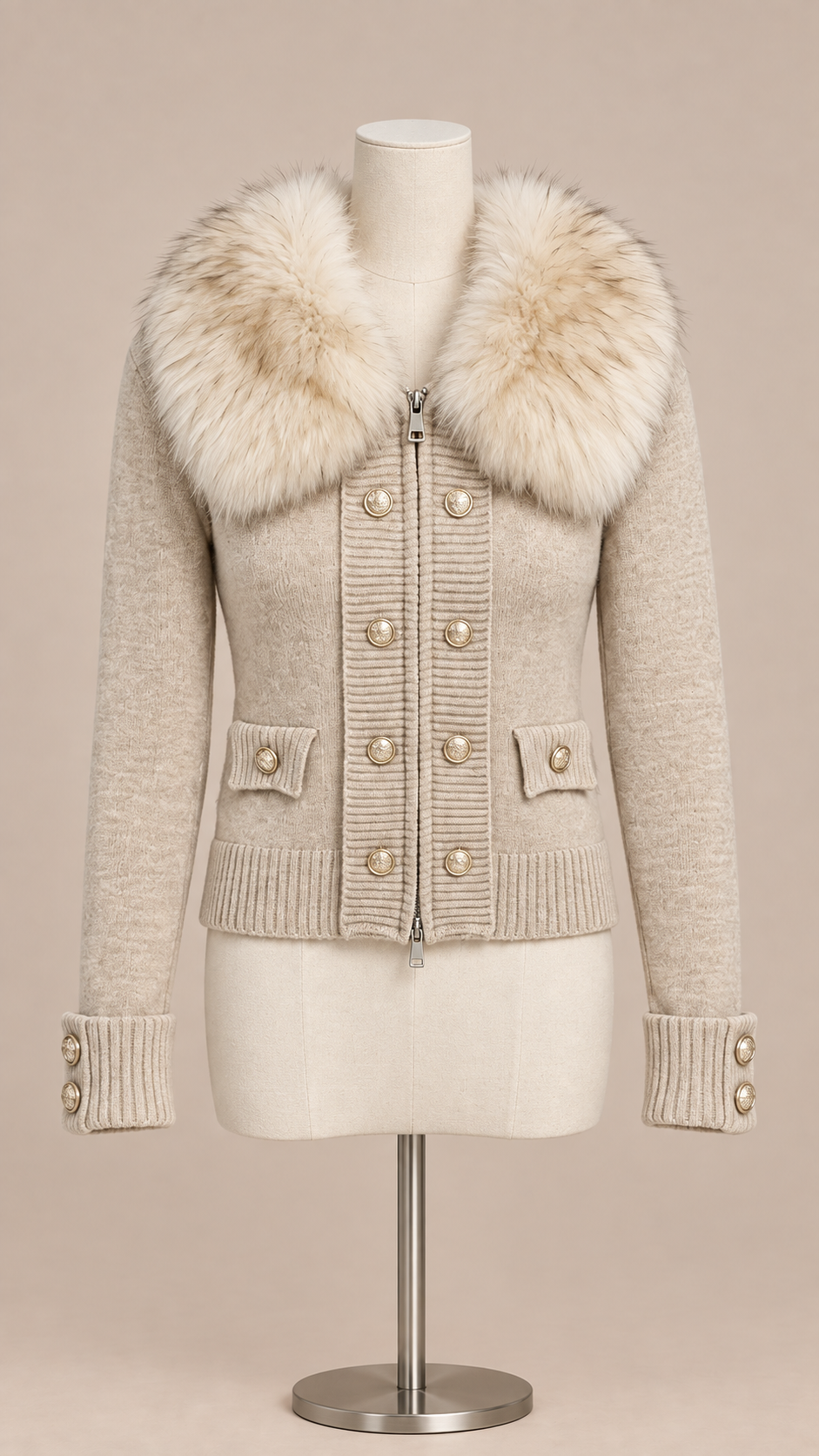Elodie Fur-Collar Cardigan — Oatmeal mannequin front