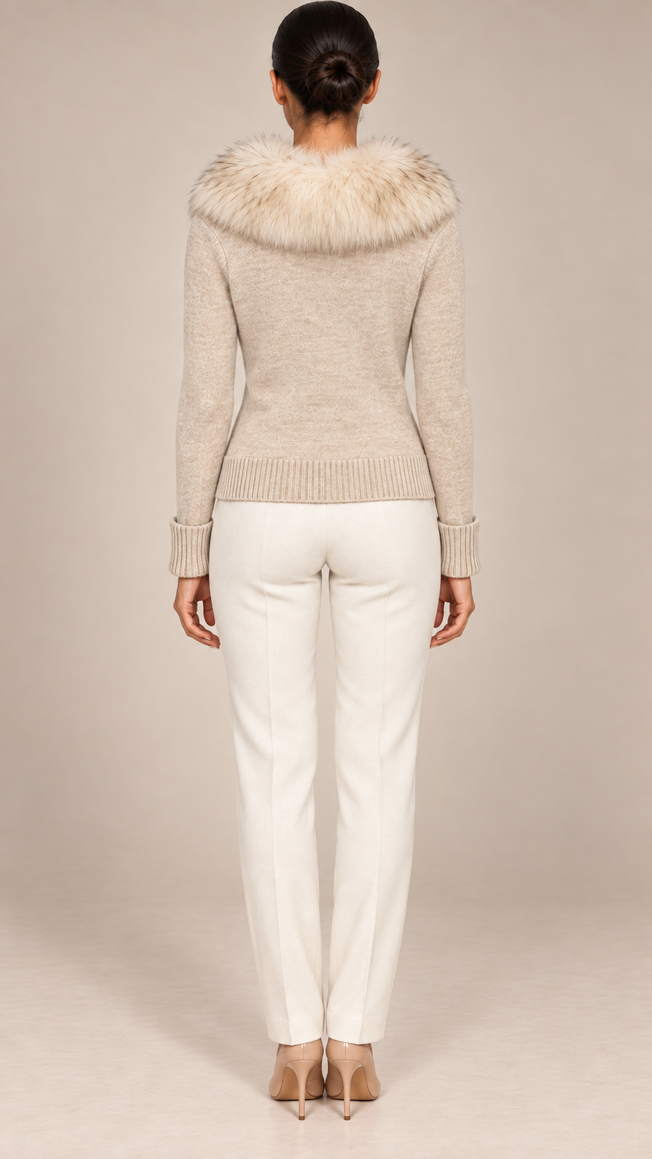Elodie Fur-Collar Cardigan — Oatmeal model back