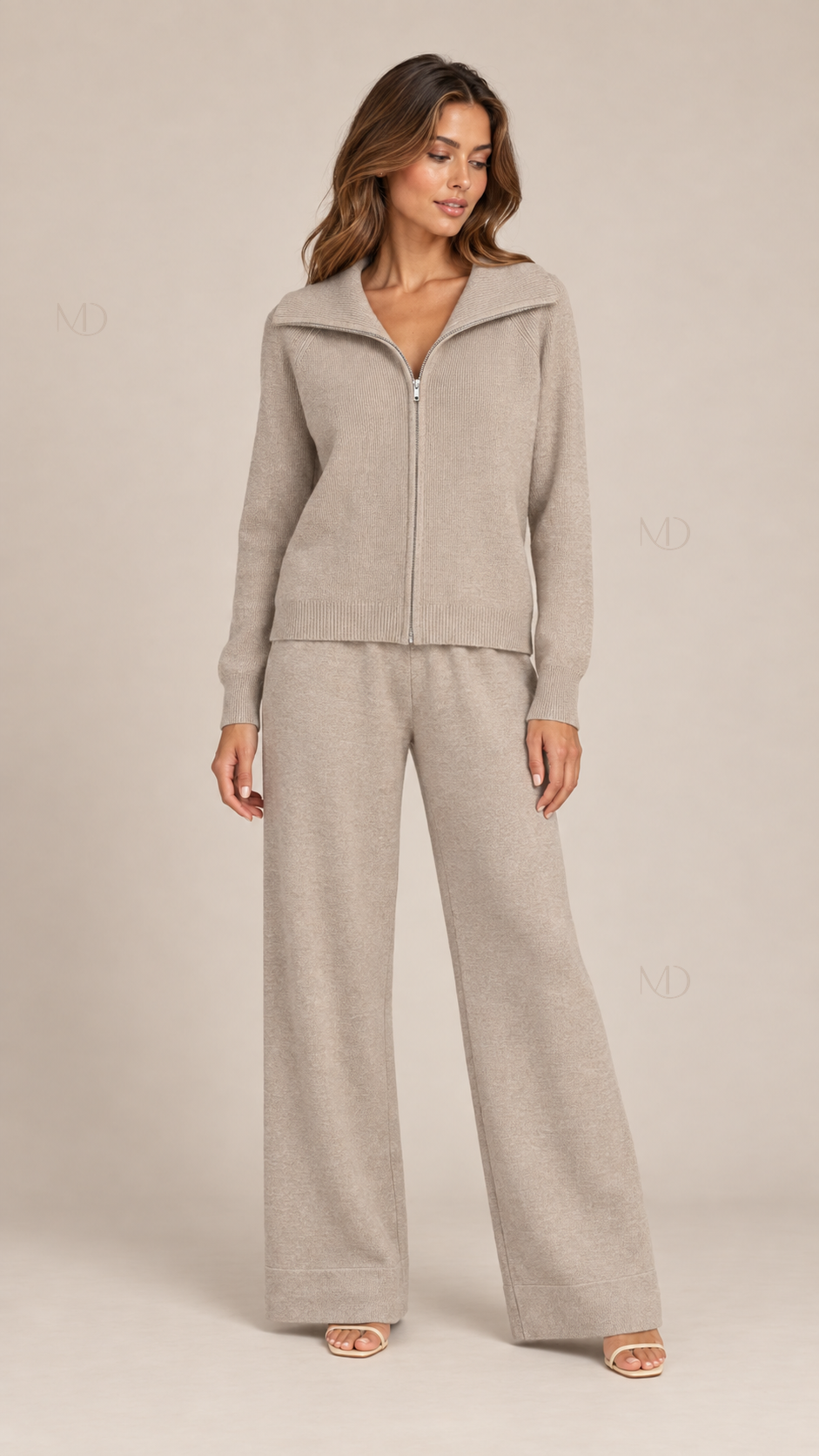 Elise Zip Cardigan Pants Set — Oatmeal model front