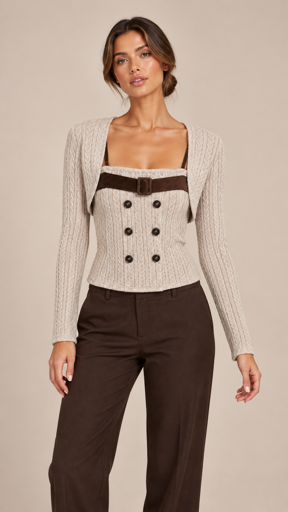 Verity Corset Cardigan Set — Oatmeal model front