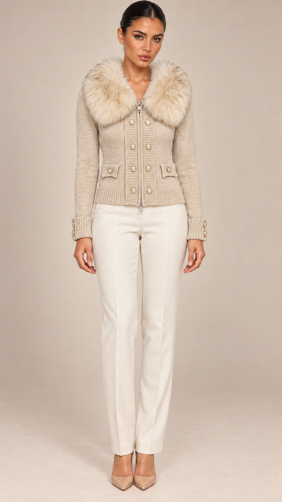 Elodie Fur-Collar Cardigan — Oatmeal model front