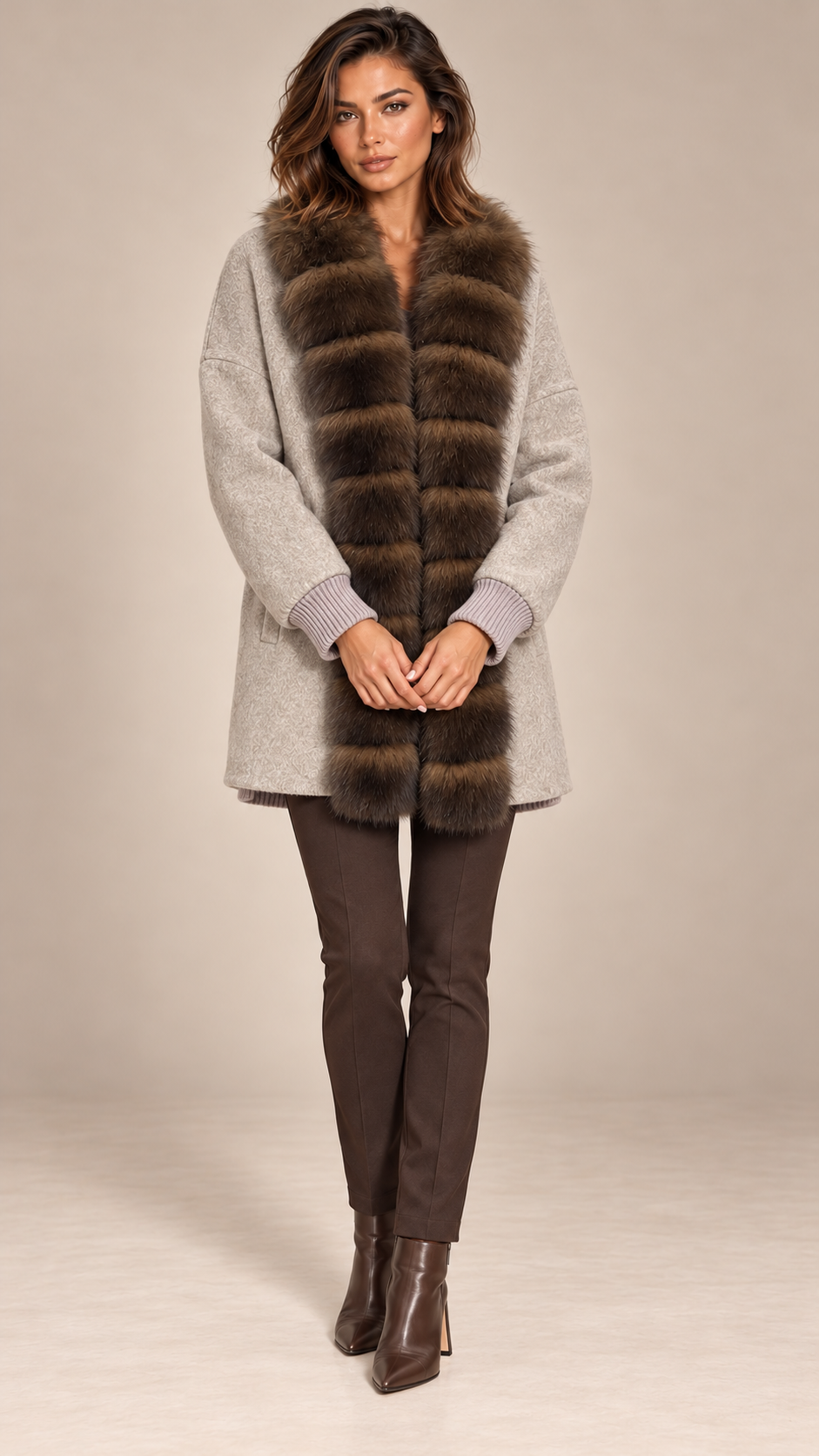 Rhiannon Fur-Placket Coat — Oats model front