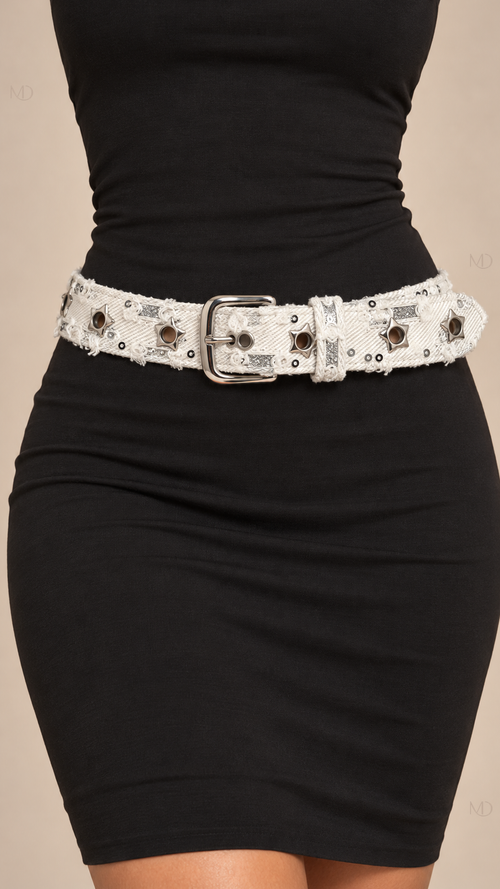 Cosima Star-Rivet Belt — Off-White Denim worn closeup