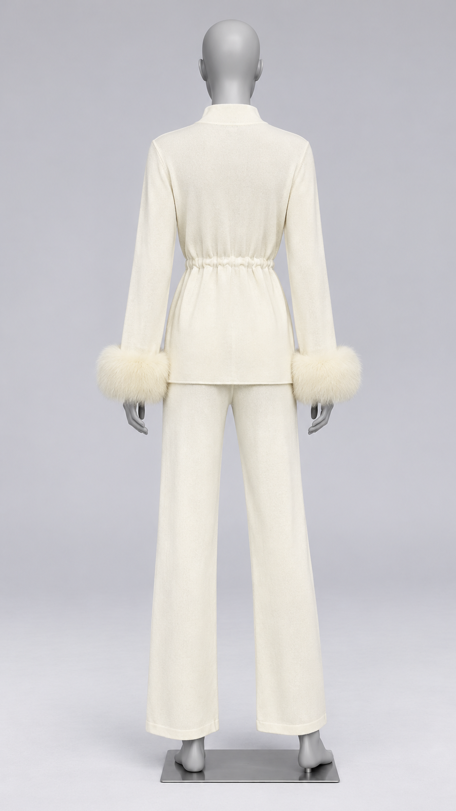 Solveig Tie-Waist Fur Set — Off-white mannequin back
