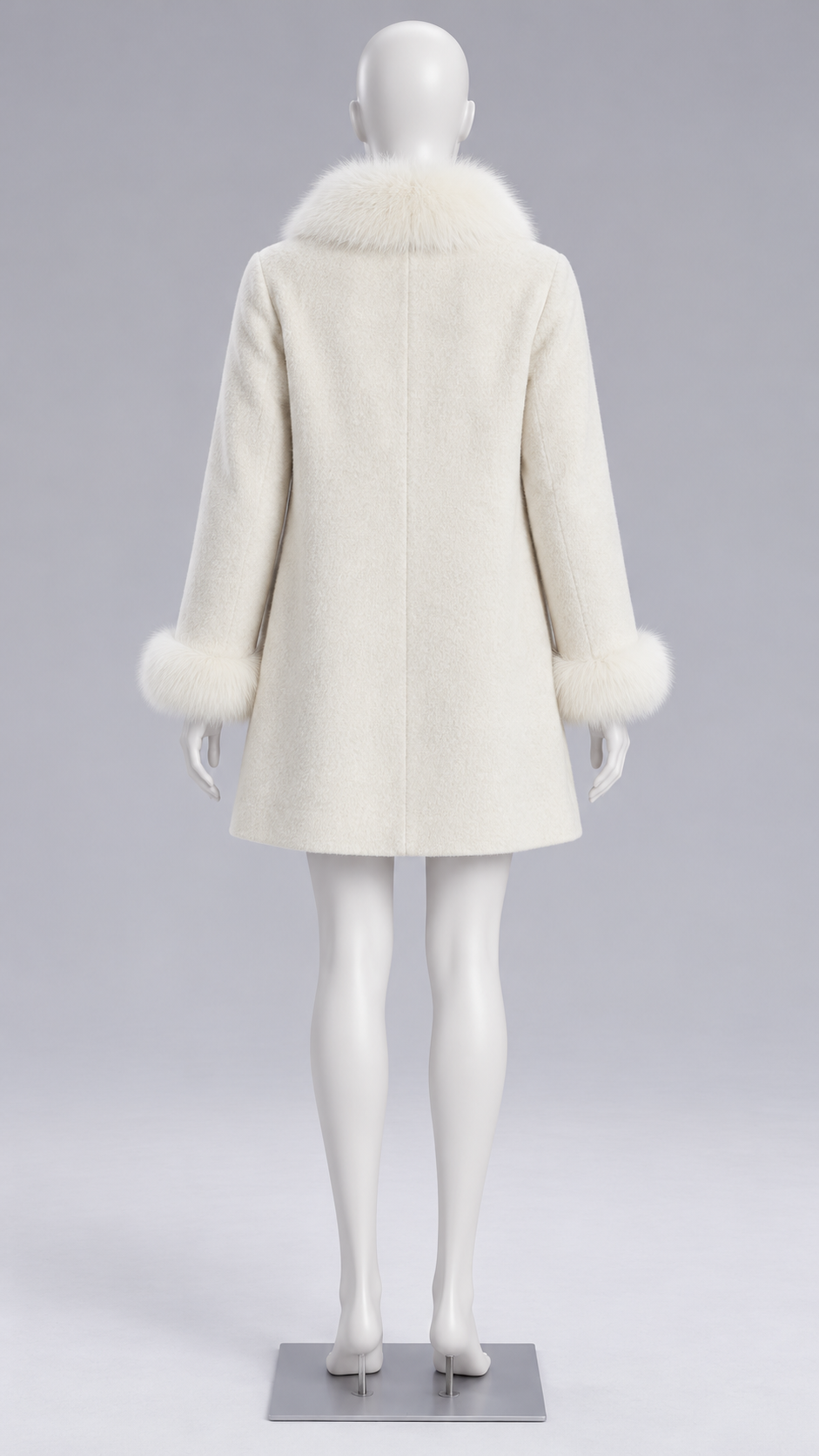 Sabine Fox-Cuff Wool Coat — Off-white mannequin back