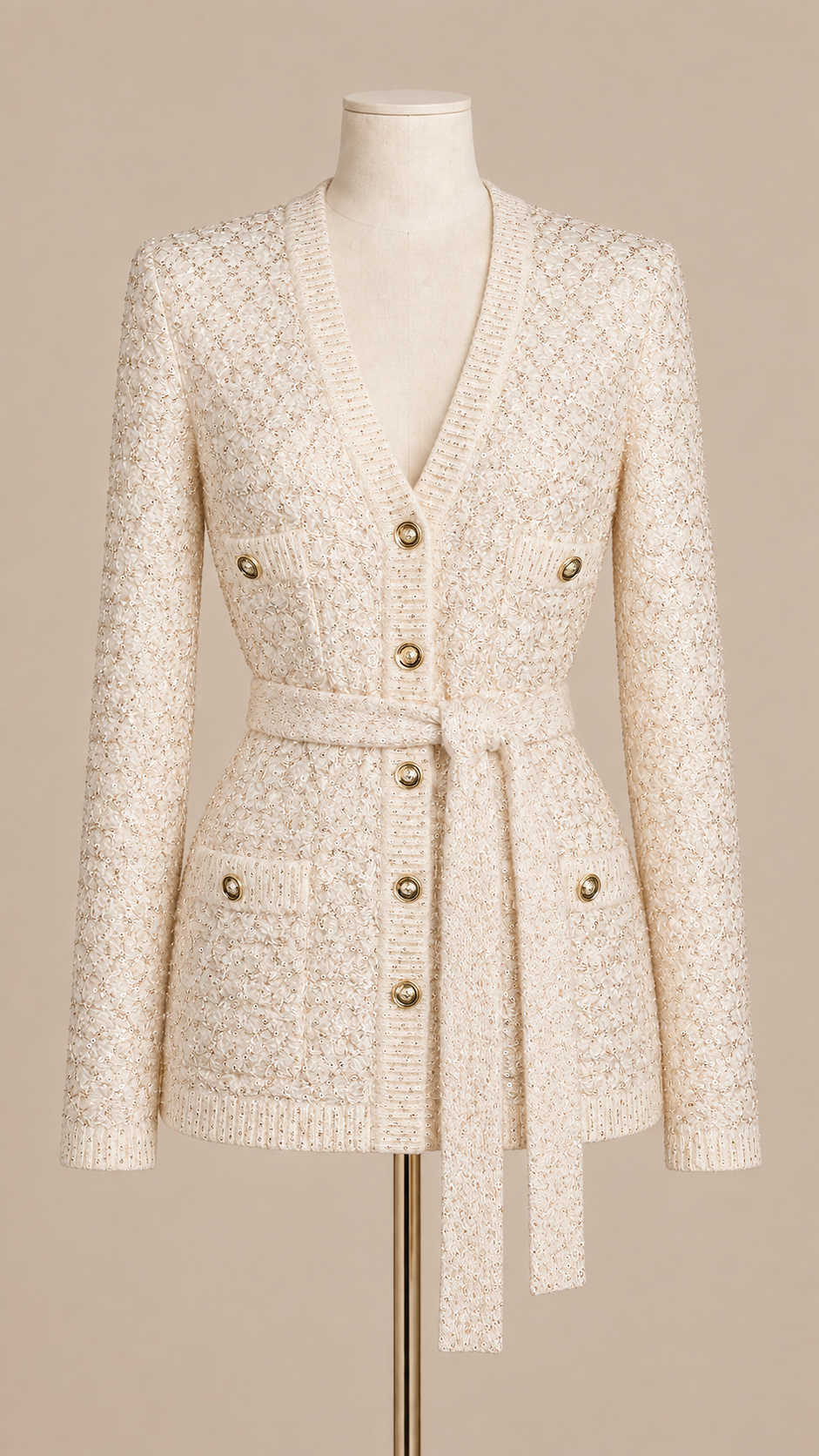 Elodie Sequin Knit Cardigan — Off-white mannequin front