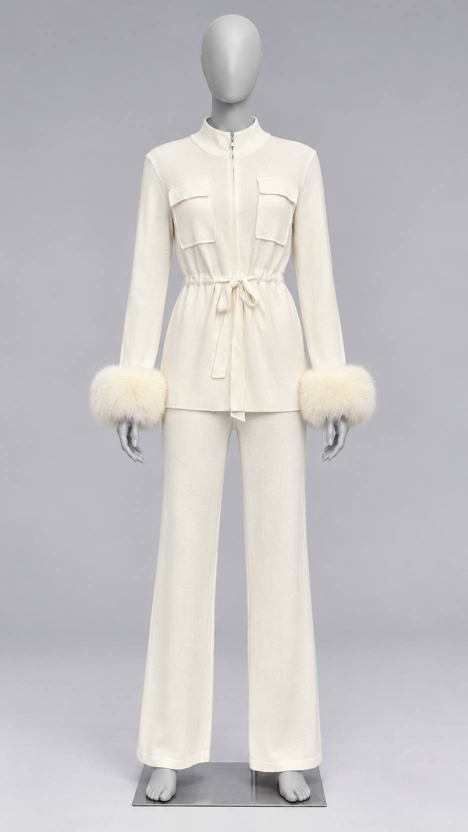 Solveig Tie-Waist Fur Set — Off-white mannequin front