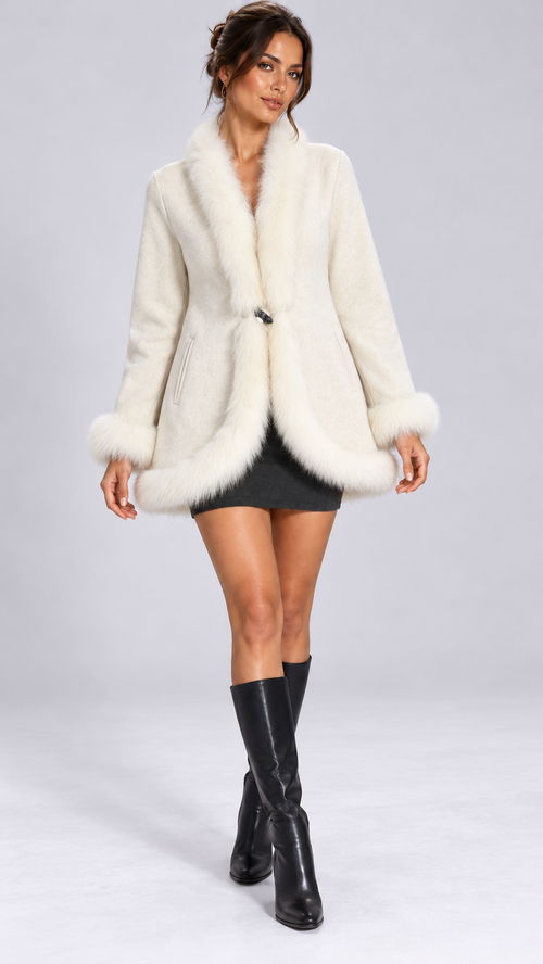 Sabine Fox-Cuff Wool Coat — Off-white model front