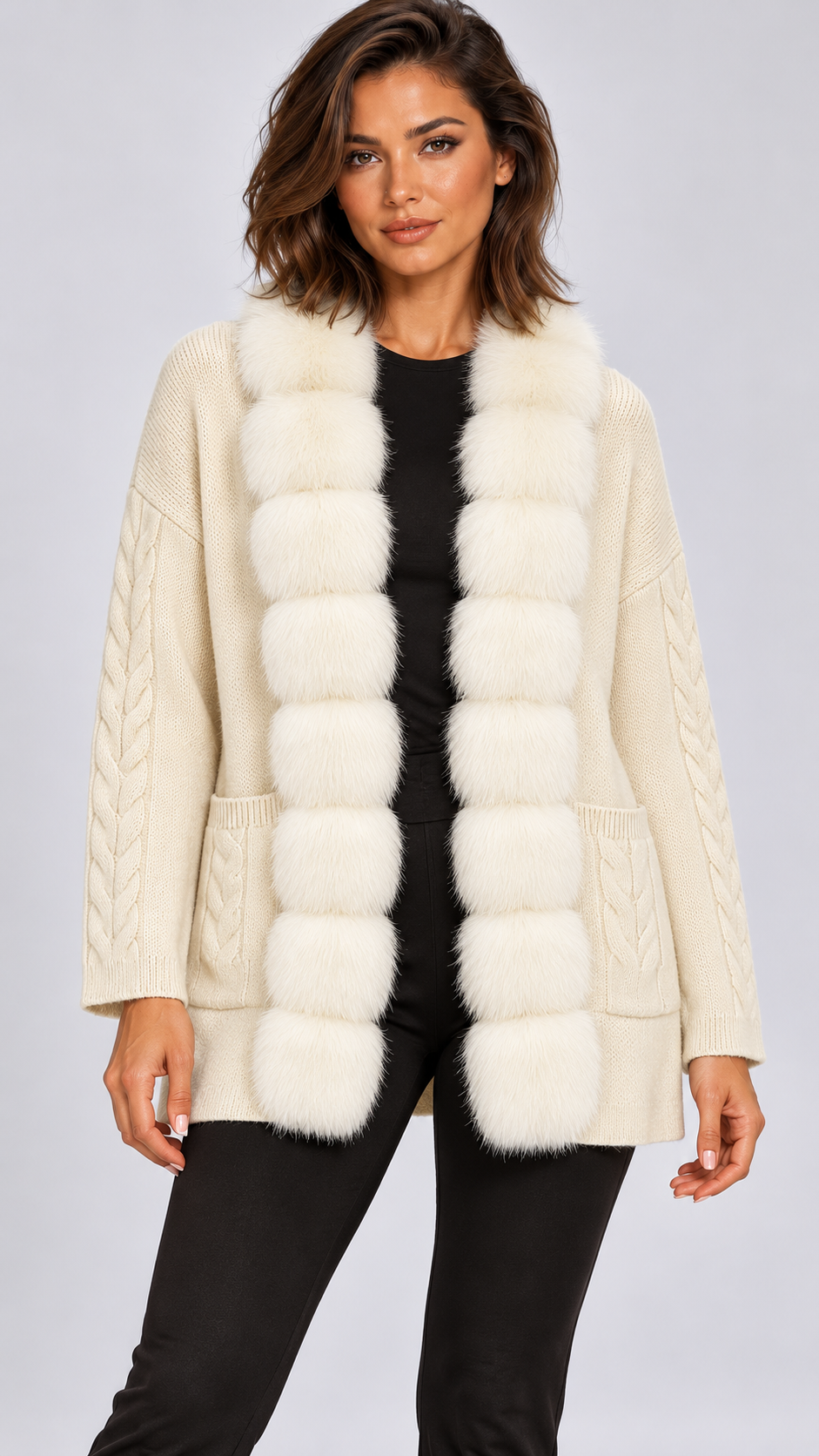 Maribelle Plush-Front Cardigan — Off-white model front