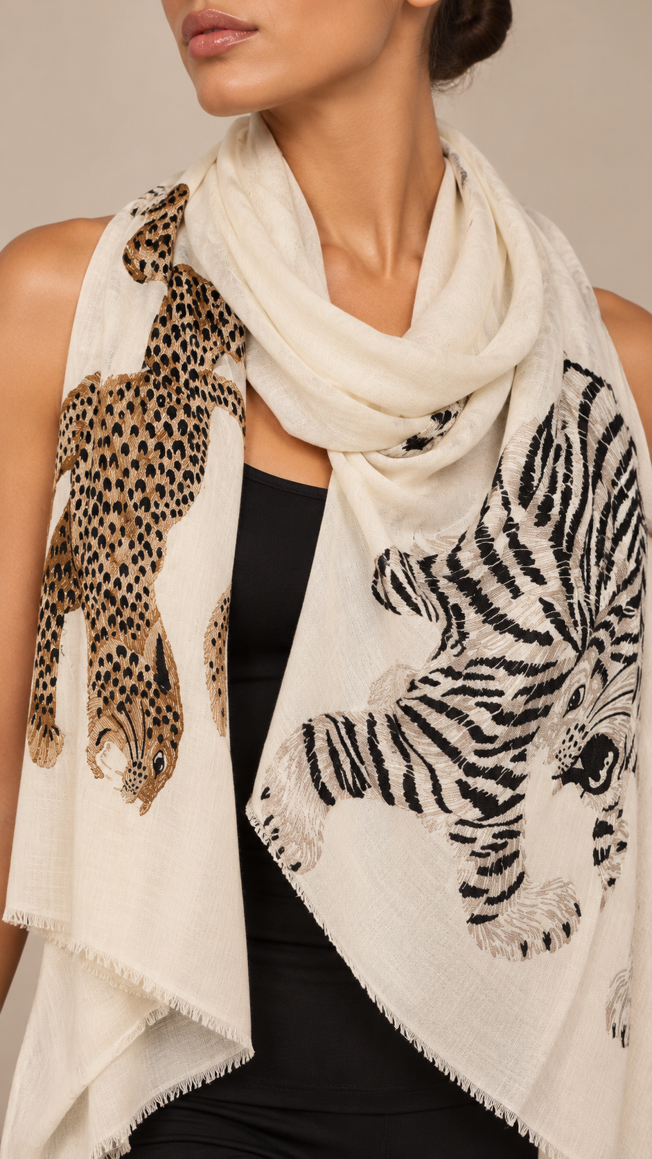 Ambrosine Leopard-Tiger Scarf — Off-white worn closeup