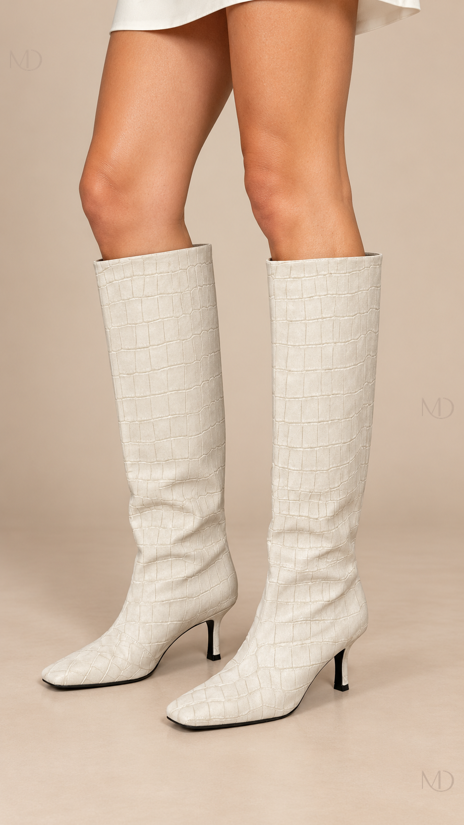 Tamsin Croc Knee Boot — Off-white worn closeup
