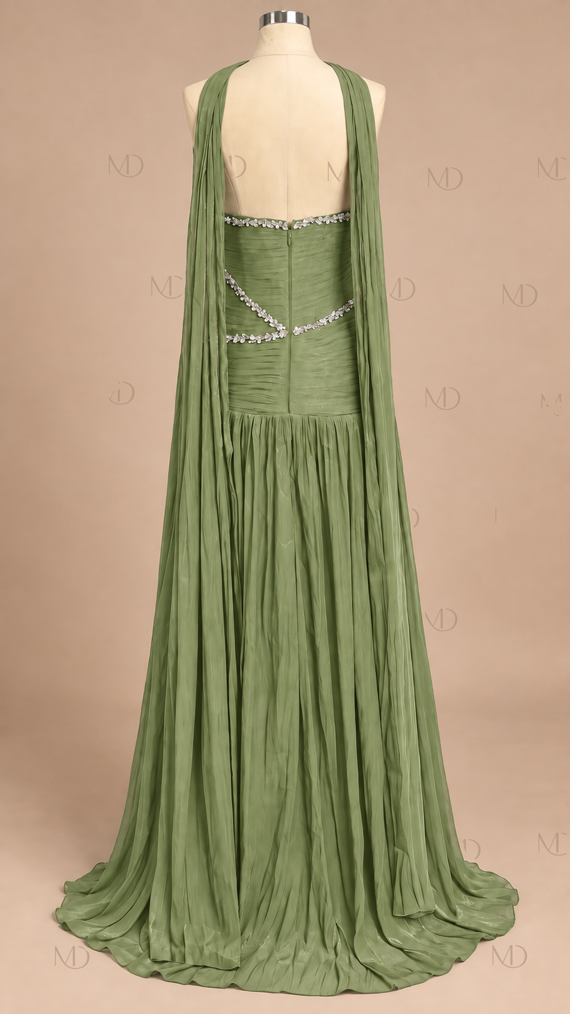 Athena Pleated Cape Maxi Dress — Olive mannequin back