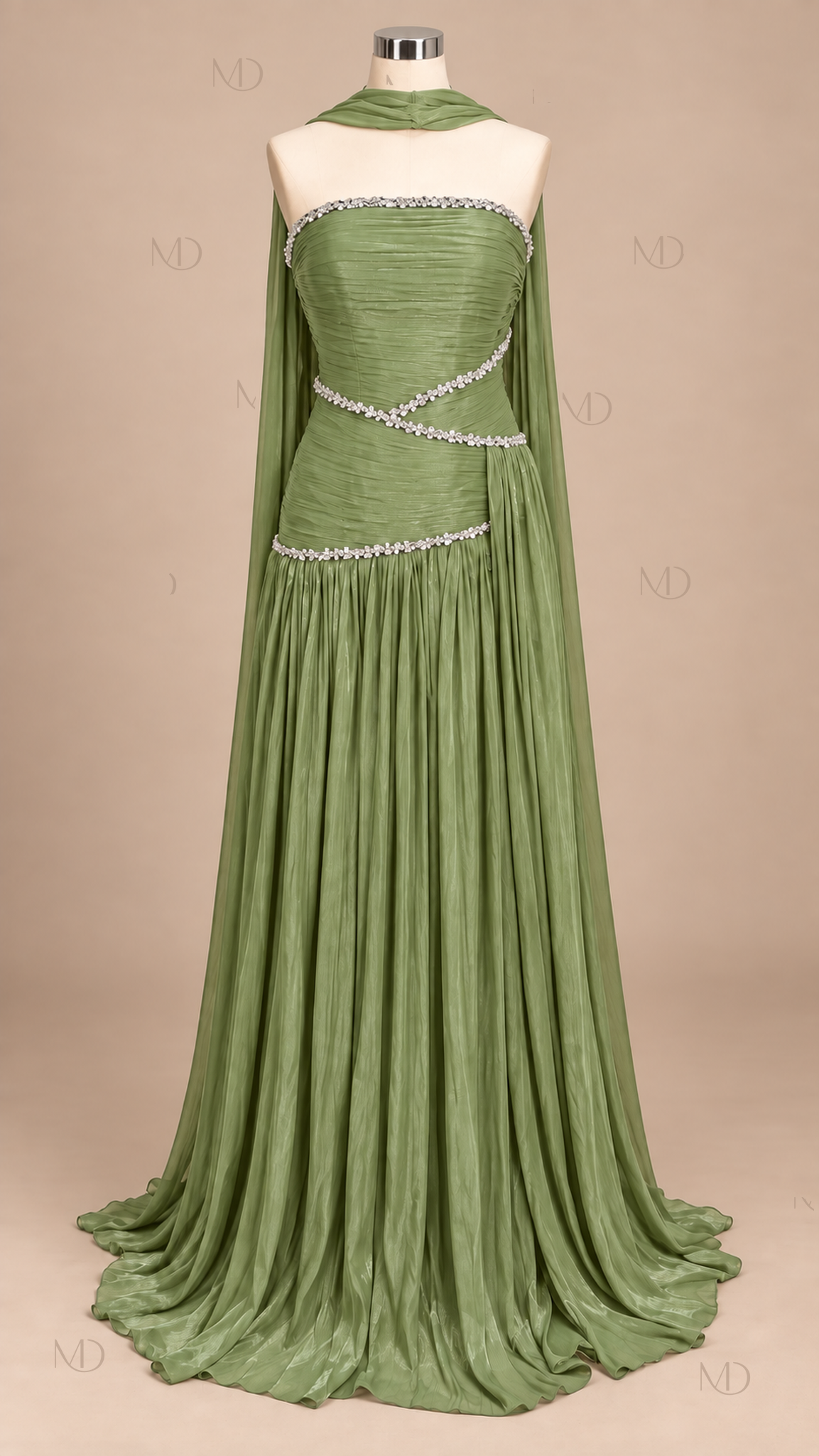 Athena Pleated Cape Maxi Dress — Olive mannequin front