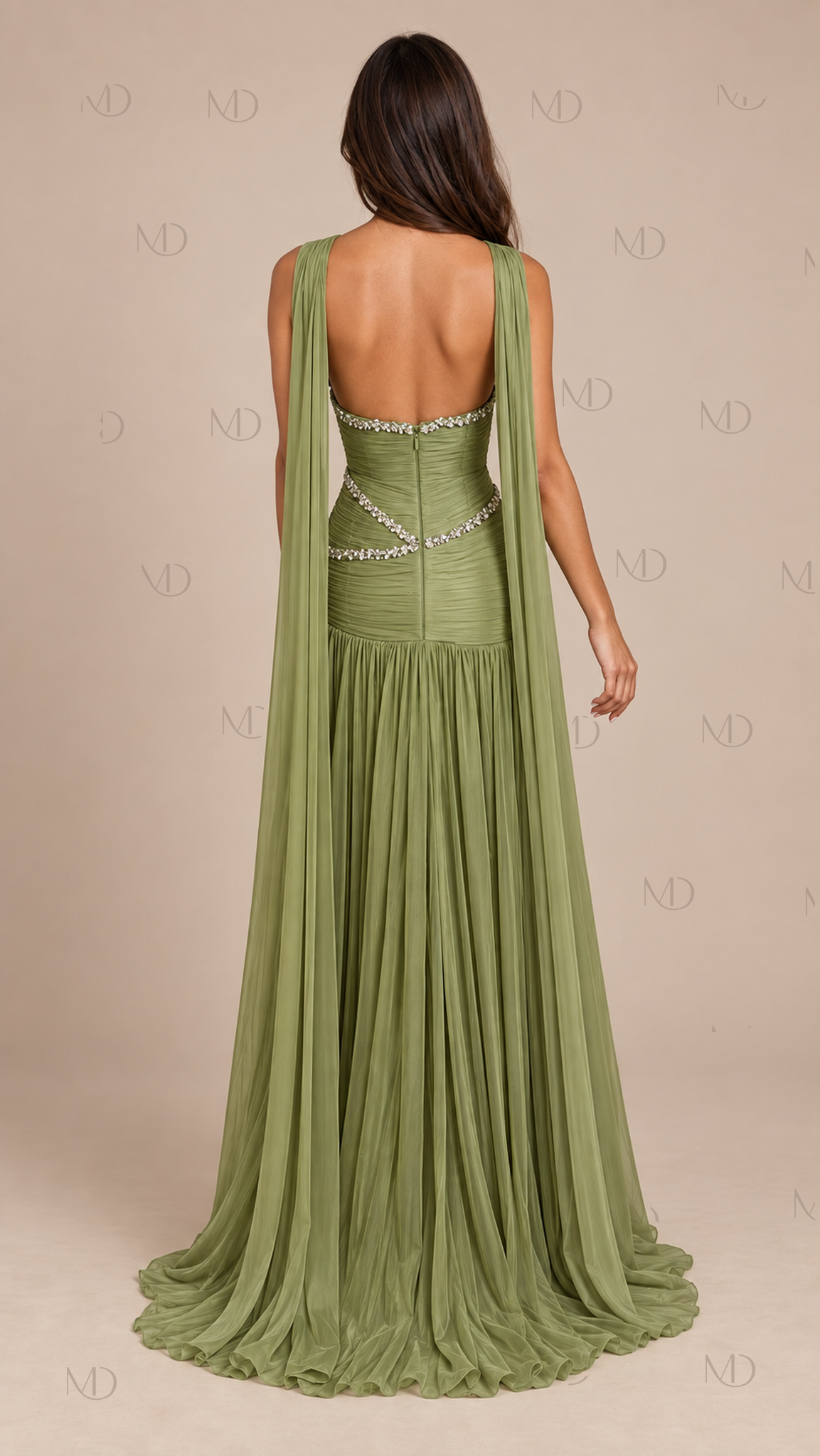 Athena Pleated Cape Maxi Dress — Olive model back