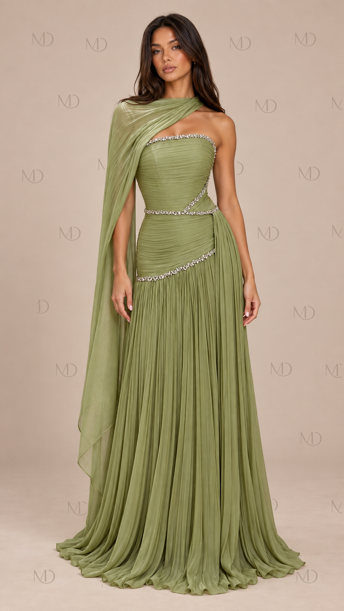Athena Pleated Cape Maxi Dress — Olive model front
