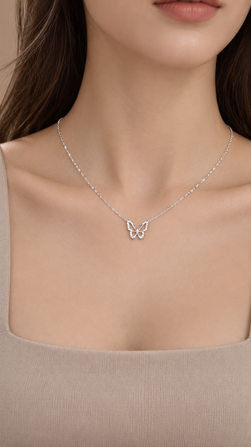 Papillon Butterfly Necklace - Silver worn model close-up