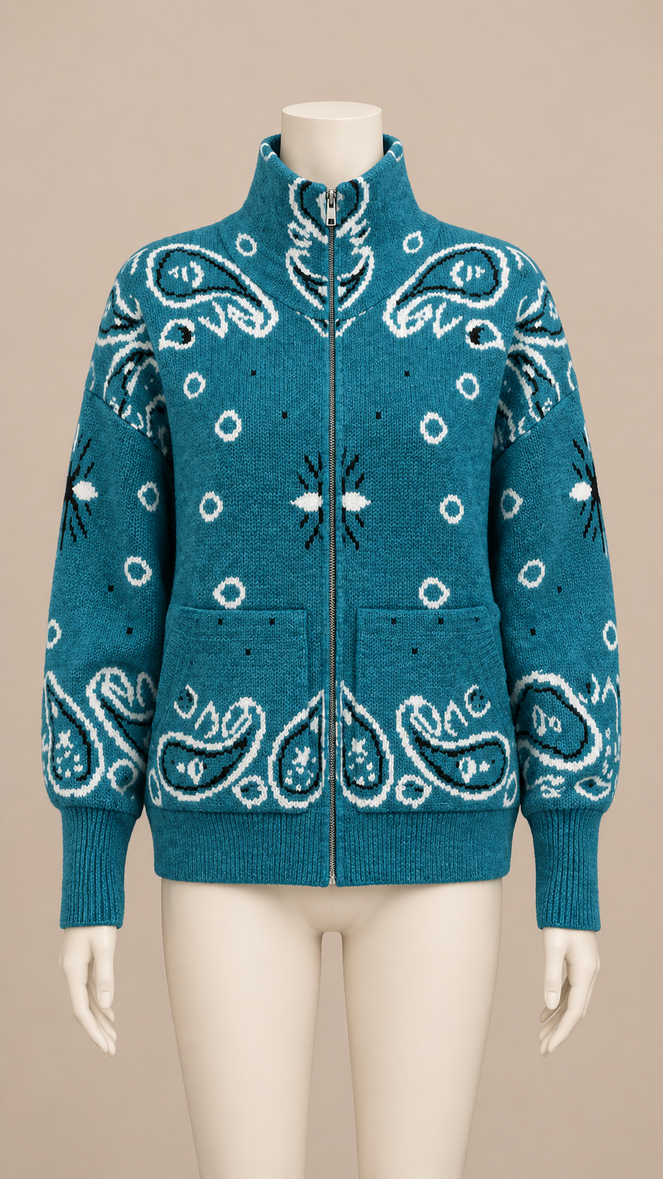 Sienna Paisley Zip Cardigan — Peacock Blue mannequin front